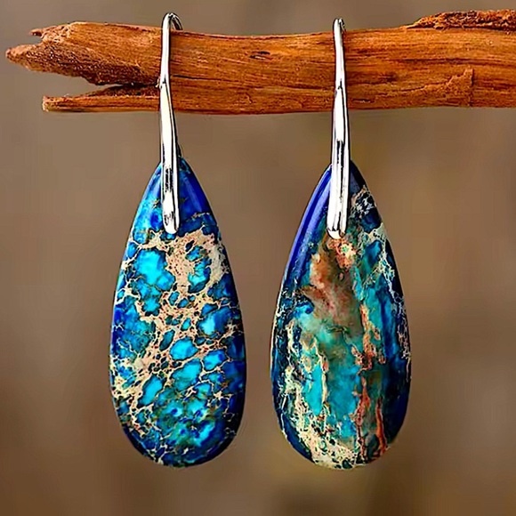 Imperial Jasper Stone Earrings Blue Silver - Picture 1 of 3